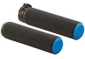07-335 Arlen Ness Knurled Black Handlebar Grips With Blue Caps 07-335 Arlen Ness Knurled Black Handlebar Grips With Blue Caps
