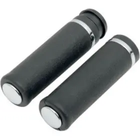 0630-0747 Drag Specialties Rubber Grips With Chrome Accent Rings / End Caps For Harley Electronic Tbw